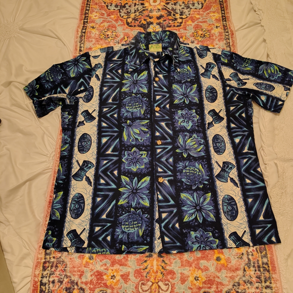 Vintage 60's Ui-Maikai Hawaiian Shirt Blue Tiki Floral Aloha Button Up Men's L